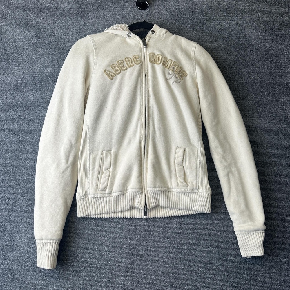 Abercrombie & Fitch Hoodie Womens L White Full Zip Sherpa Lined Logo Embroidered